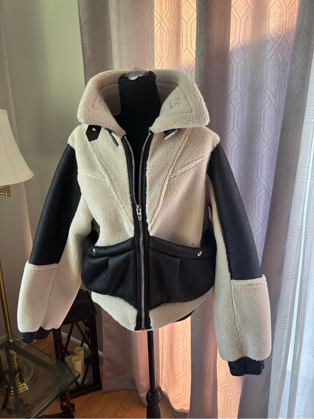Blank NYC Cream & Black Teddy Aviator Jacket - Picture 2 of 12